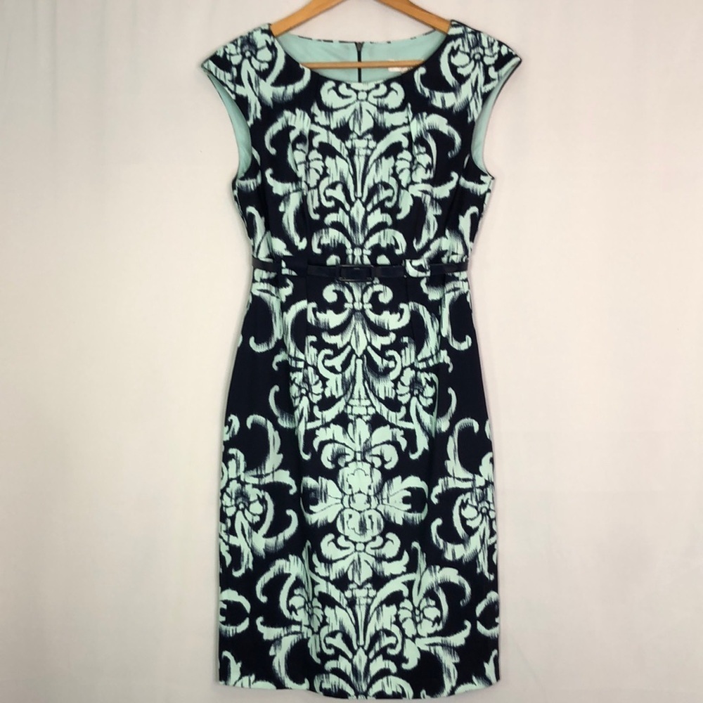 Dressbarn Womens Shift Blue Damask Pattern Pleated Drop Shoulder Dress Size 6